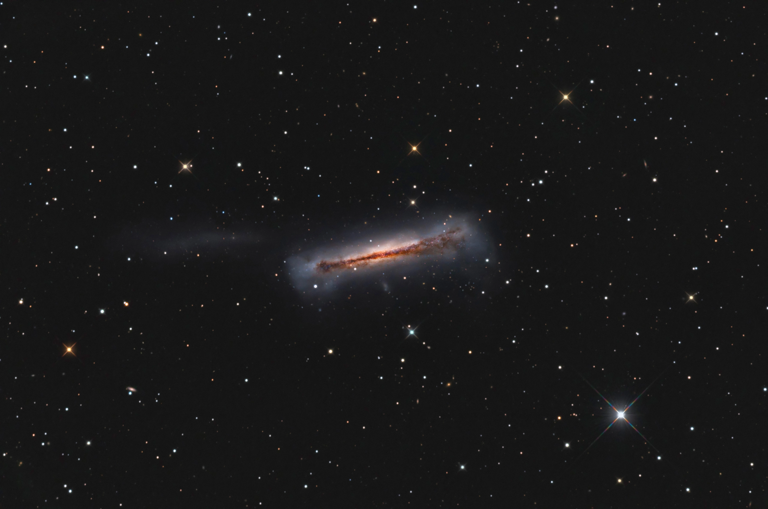 The Hamburger Galaxy (NGC 3628), an edge-on spiral in Leo crossed by a thick dust lane, in 1.6 hours of LRGB