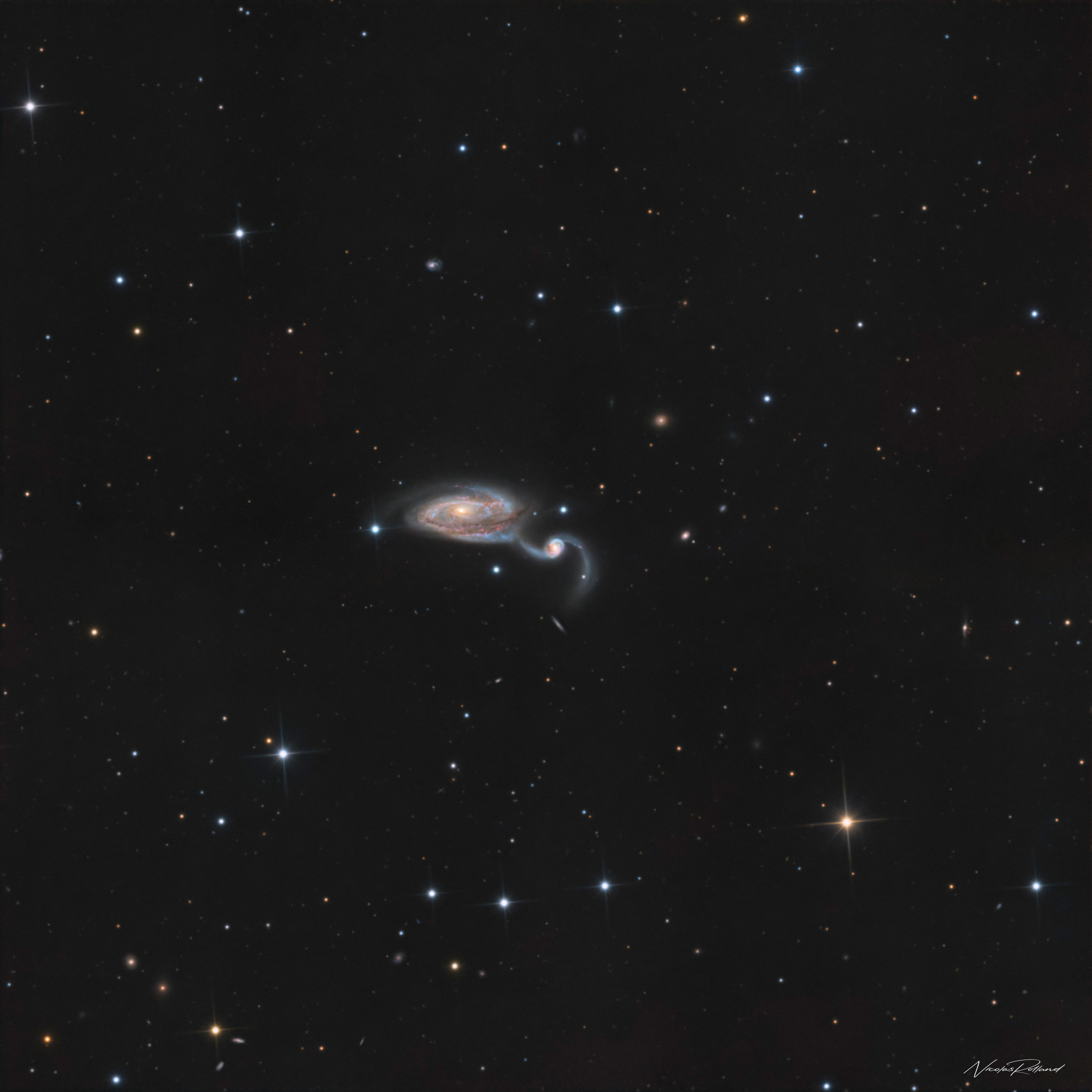 arp-84-galaxy-lrgb-close-up-display Arp 84, the interacting spiral galaxies NGC 5394 and NGC 5395 in Canes Venatici, linked by a tidal bridge, in 9.7 hours of LRGB.