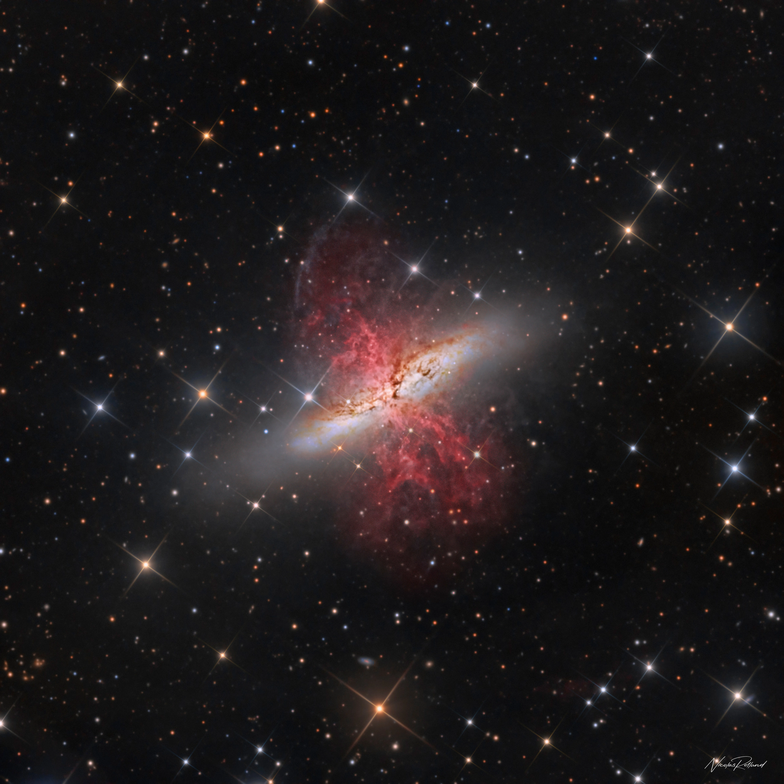 cigar-galaxy-messier-82-halrgb-display The Cigar Galaxy Messier 82, a starburst galaxy venting ionized gas far beyond its disk, in 46 hours of HaLRGB