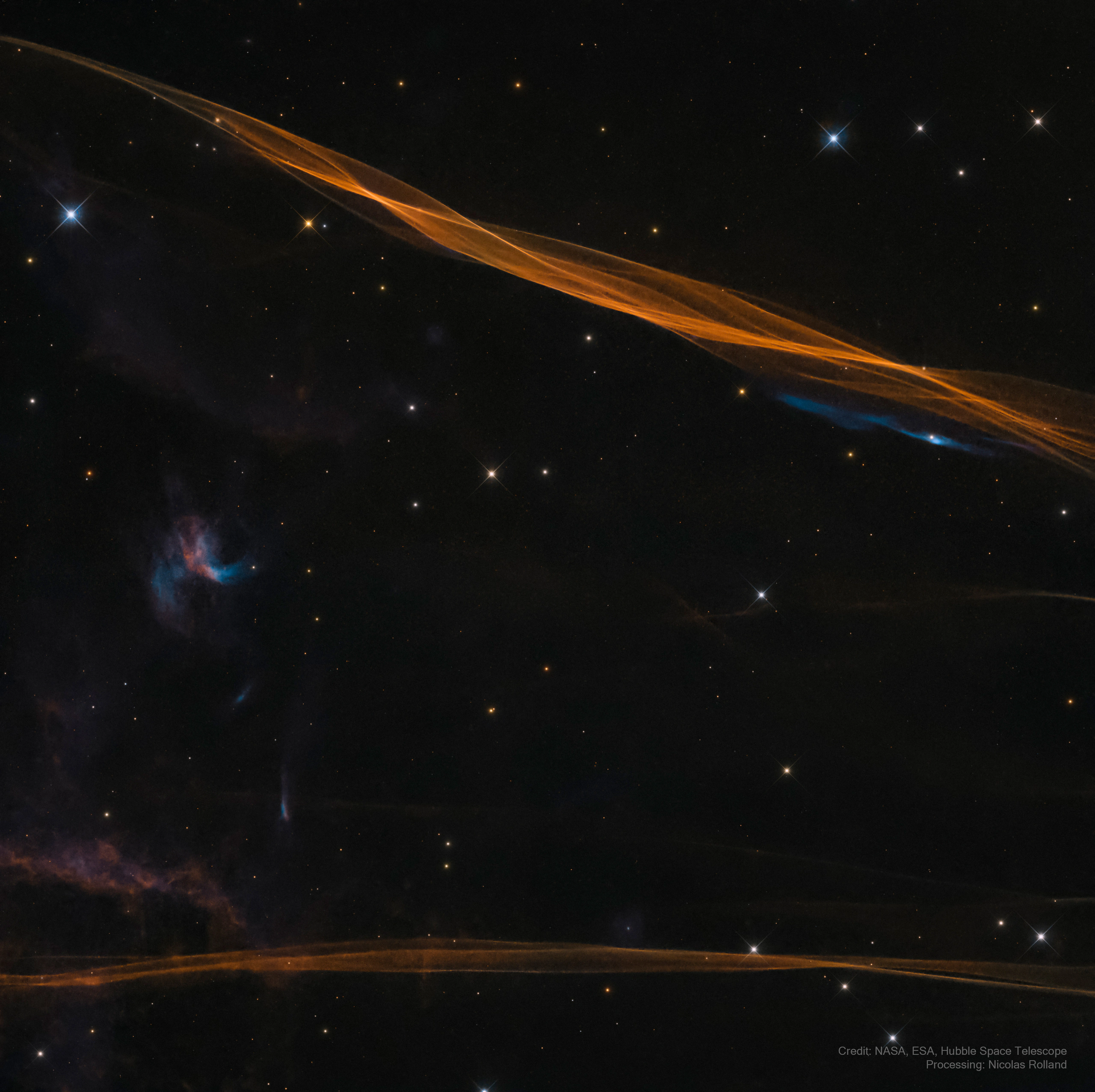 A section of the Cygnus Loop supernova remnant, where the blast wave meets interstellar gas