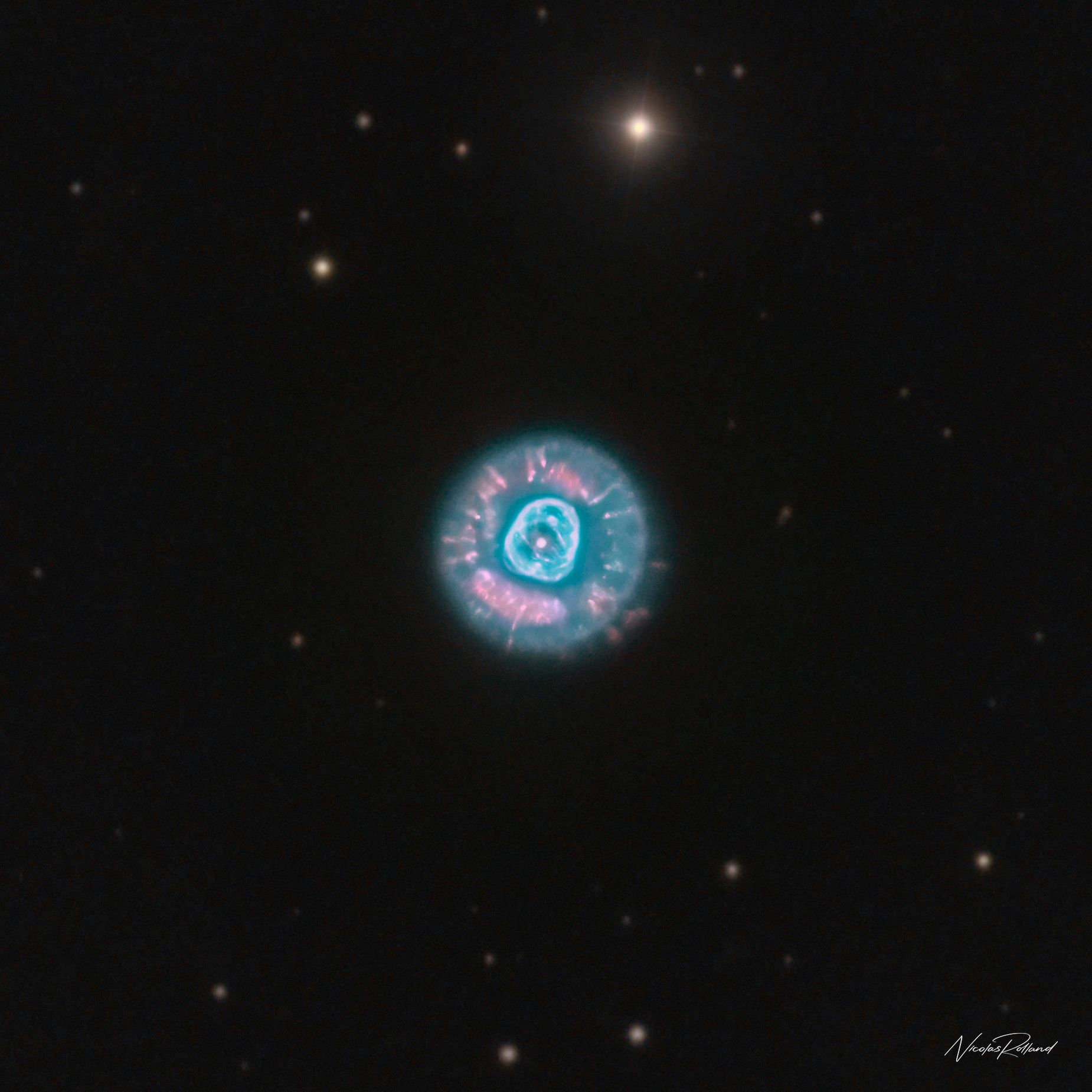 The Eskimo Nebula NGC 2392 in Gemini, a planetary nebula with two concentric shells of gas, in 8 hours of SHO