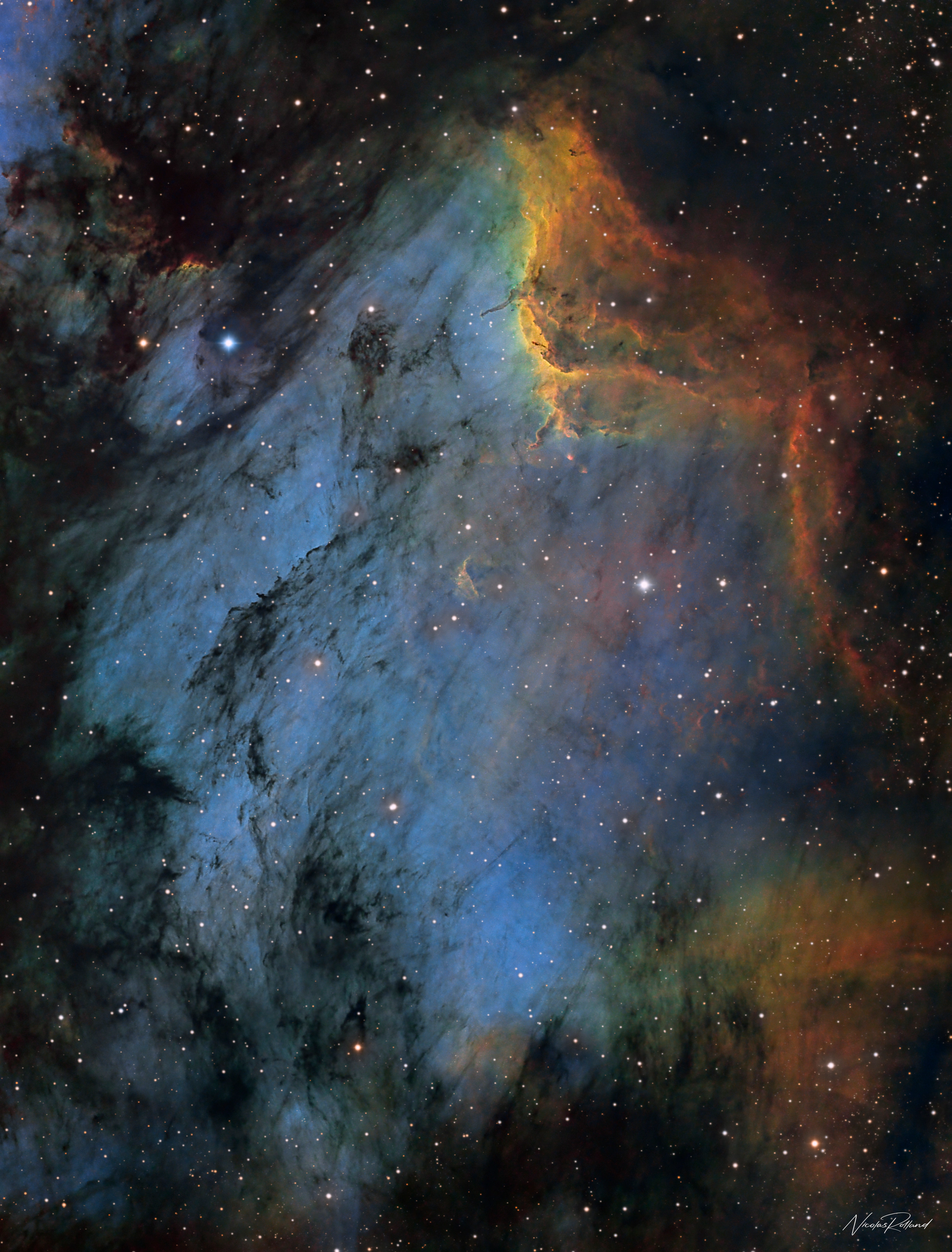 ic-5070-nebula-sho-wide-display The Pelican Nebula IC 5070 in Cygnus, its shape carved by a dark dust lane, in 29 hours of SHO