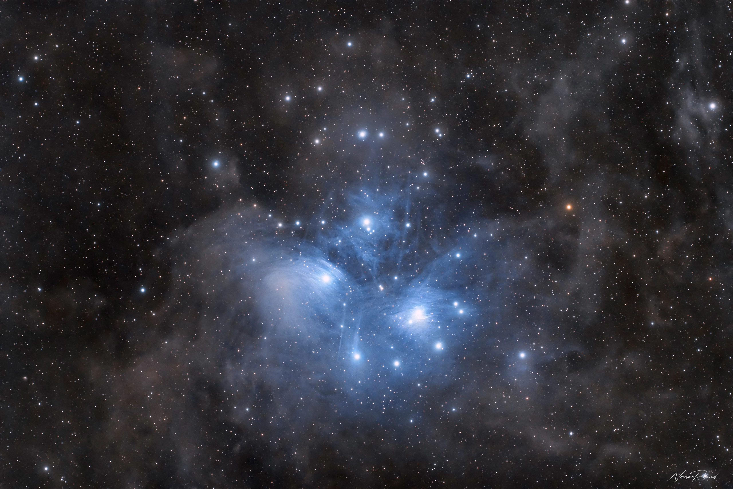 Messier 45, the Pleiades, an open cluster in Taurus wrapped in blue reflection nebulosity, in 5.5 hours of RGB