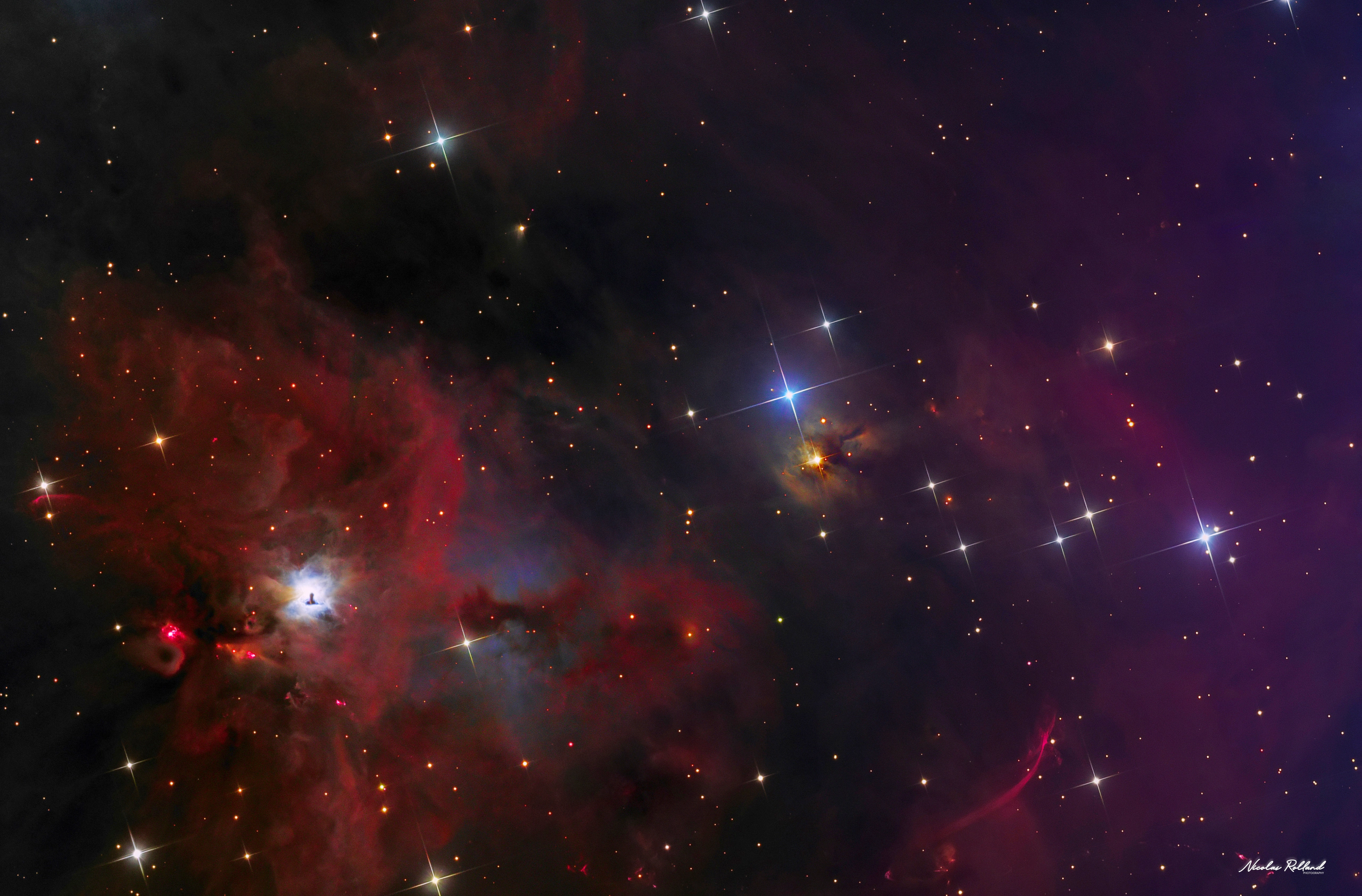 ngc-1999-nebula-halrgb-display NGC 1999, a reflection nebula in Orion with a dark keyhole-shaped patch at its centre, in 24.7 hours of HaLRGB