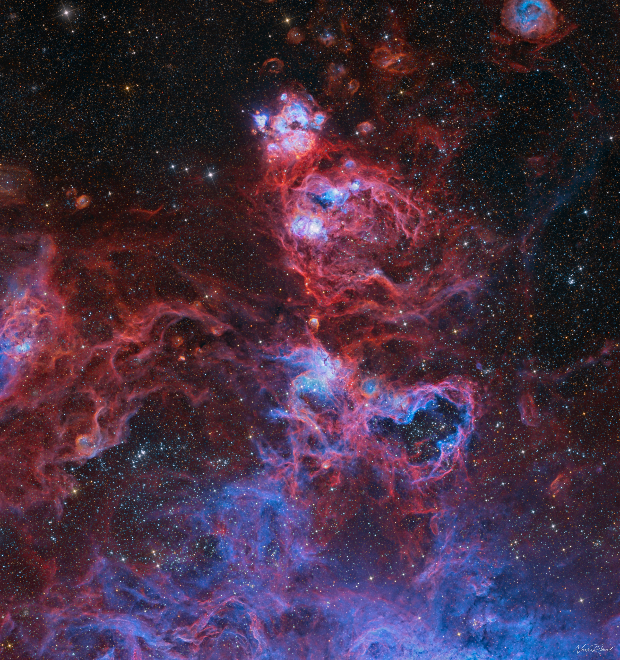 NGC 2077 to NGC 2055, a star-forming nebula complex in the Large Magellanic Cloud, in 51.2 hours of HOORGB, two-panel mosaic