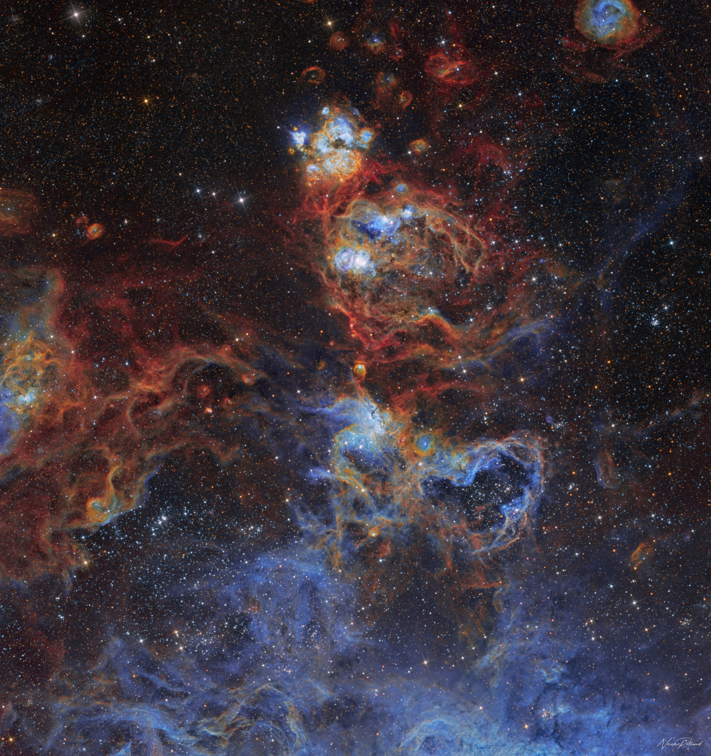 NGC 2077 to NGC 2055, a star-forming nebula complex in the Large Magellanic Cloud, in 70.7 hours of SHORGB, two-panel mosaic