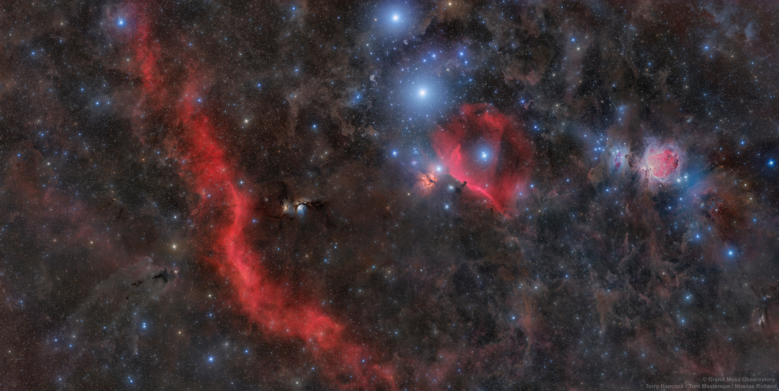 orion-nebula-halrgb-mosaic-display A 12-panel mosaic of the Orion complex spanning the Great Nebula, the Horsehead, and Barnard's Loop, in 33.1 hours of RGB