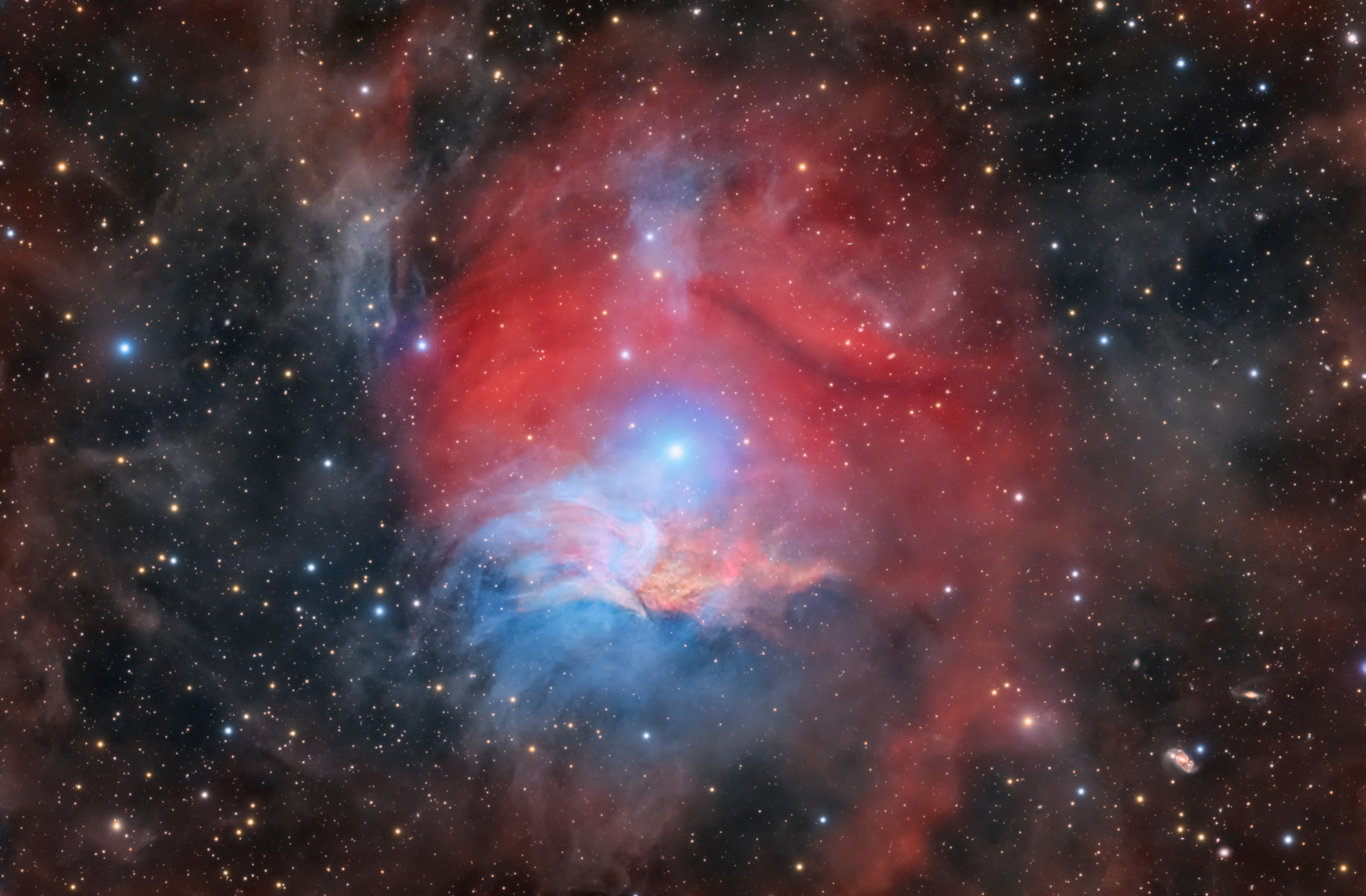 raspberry-nebula-vdb-38-shorgb-display The Raspberry Nebula (VdB 38), a reflection nebula in Orion lit by a blue-white dwarf star, in 63.1 hours of SHOLRGB