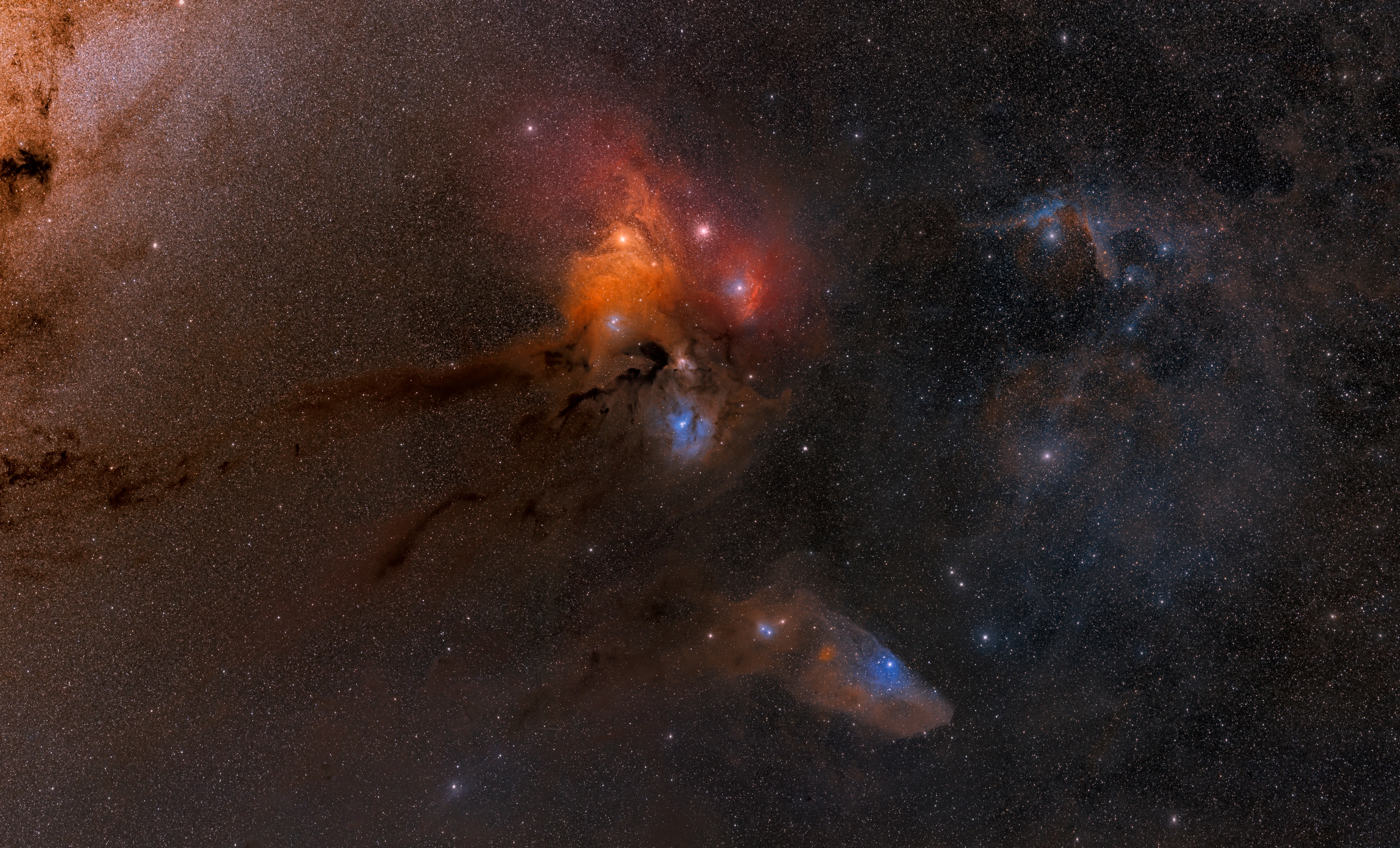 rho-ophiuchi-cluster-rgb-wide-field-display The Rho Ophiuchi complex in wide field, from Antares to the dark lanes running out toward the north