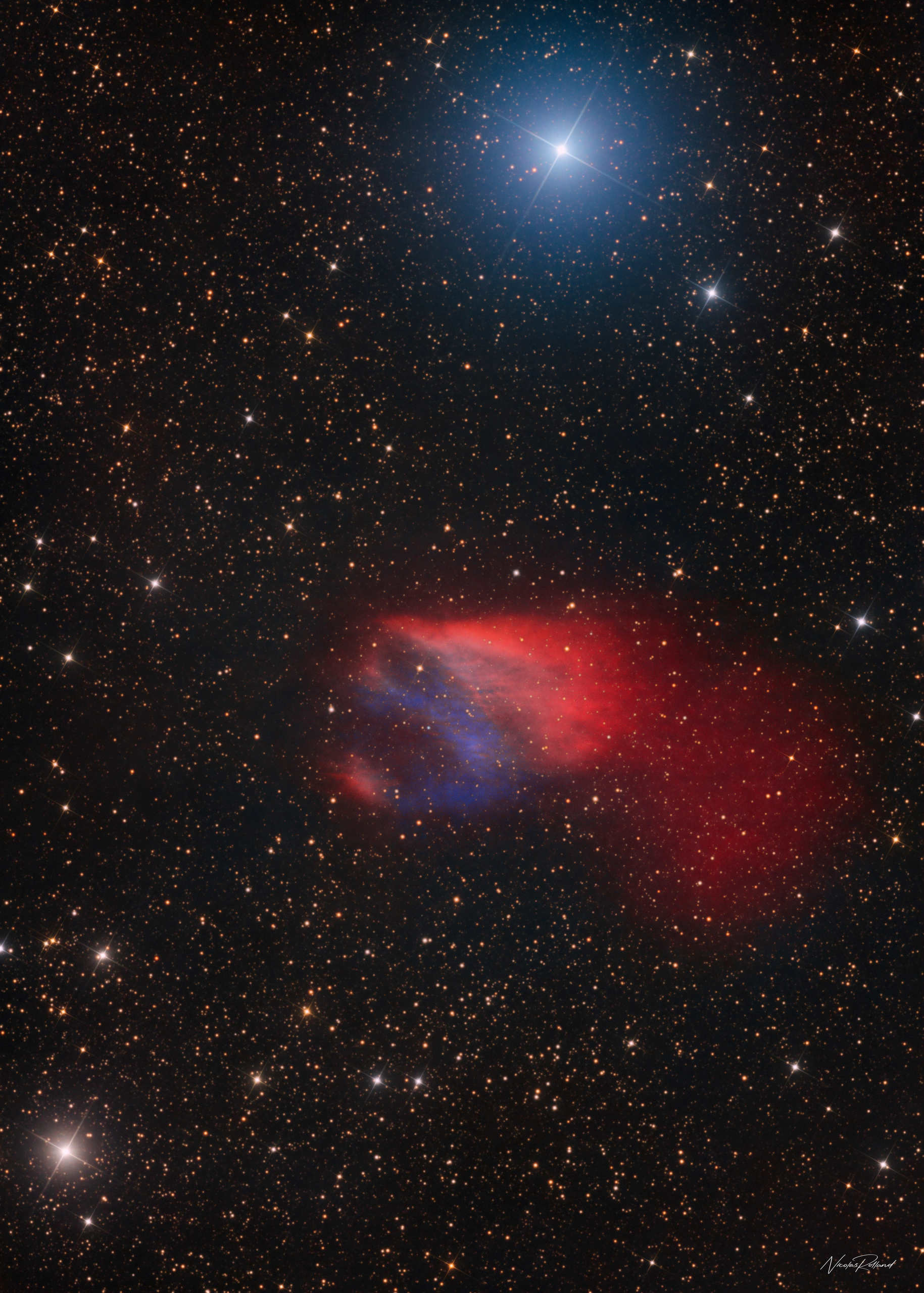 Sh2-68, the Flaming Skull Nebula, a large faint planetary nebula remnant in Serpens, in 51.5 hours of HaOIIILRGB