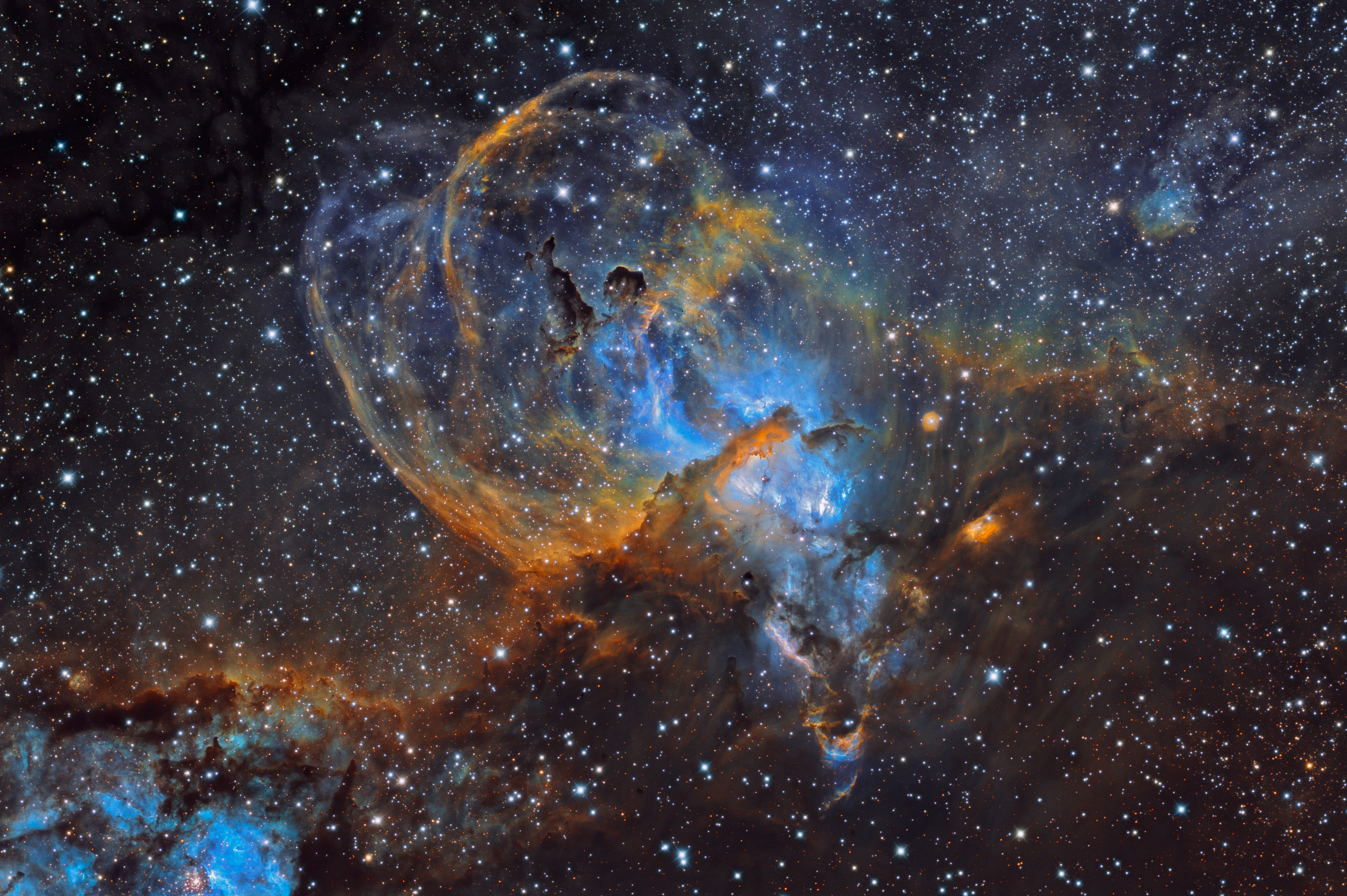 The Statue of Liberty Nebula NGC 3576 in Carina, its gas sculpted into a standing figure
